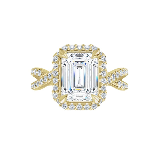 360 Video for 2 1/2 Halo Style Emerald Cut Diamond Engagement Ring with Twisted Shank accented in Diamond set in yellow gold