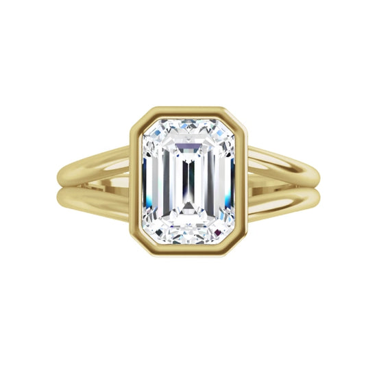 360 Video for 2 CT Bezel Set Split Shank Emerald Cut Solitaire Diamond Engagement Ring Set in Yellow Gold