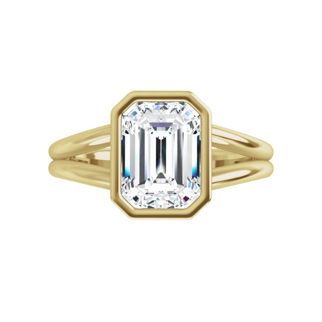 360 Video for 2 CT Bezel Set Split Shank Emerald Cut Solitaire Diamond Engagement Ring Set in Yellow Gold