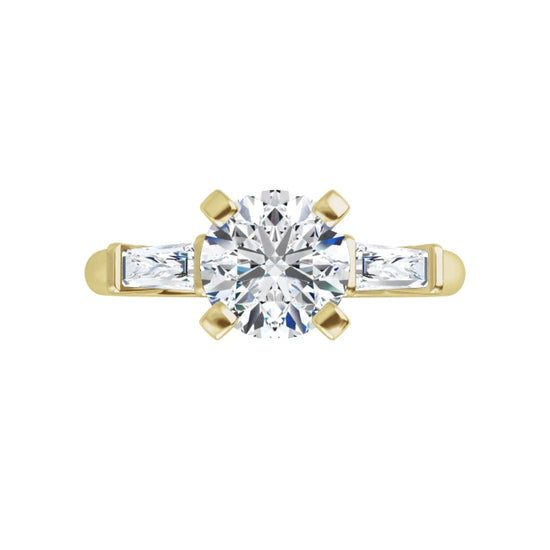 360 Video for 1 CT Weight Round and tapered baguette three Stone Diamond Engagement Ring for Women set in Yellow Gold