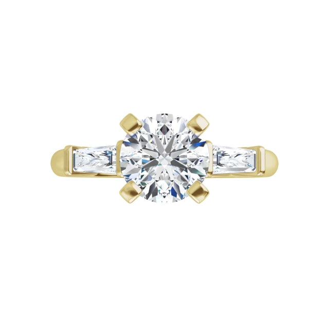 360 Video for 1 CT Weight Round and tapered baguette three Stone Diamond Engagement Ring for Women set in Yellow Gold