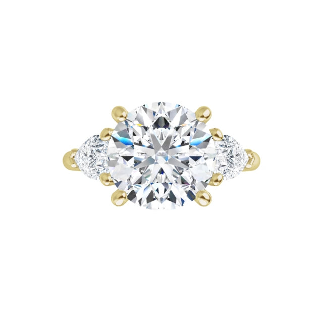 360 Video for 3 1/4 CTW Three-stone diamond engagement ring with round center and pear-shaped side stones in Yellow Gold