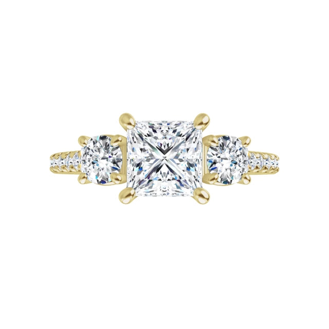 360 Video 3-Stone Princess and Round Diamond Engagement Ring Set in Yellow Gold