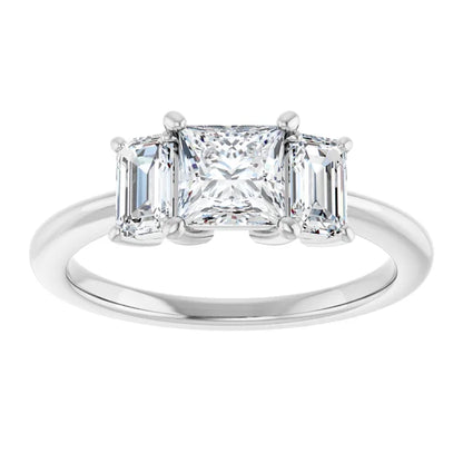 Princess Cut and Emerald Cut Three-Stone Diamond Engagement Ring 14K White Gold Straight Picture 