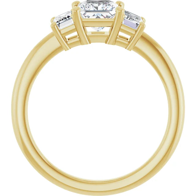 Princess Cut and Emerald Cut Three-Stone Diamond Engagement Ring Yellow Gold