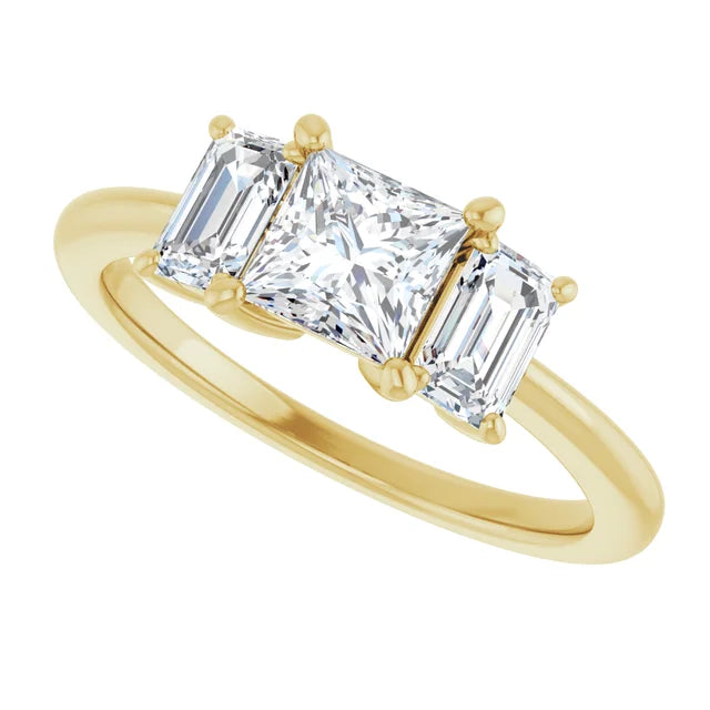 Princess Cut and Emerald Cut Three-Stone Diamond Engagement Ring 14K Yellow Gold Side Picture 