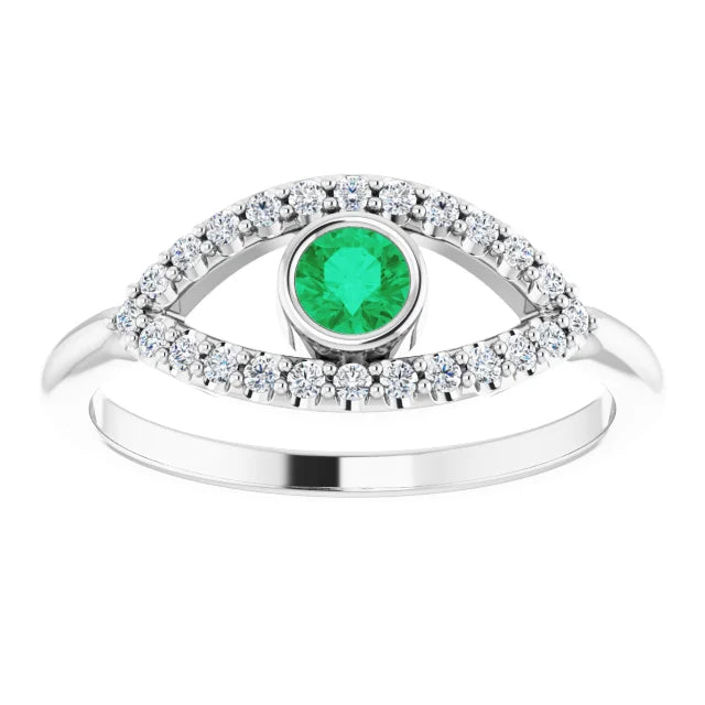 evil Eye Diamond Ring - Emerald Ring on 14K White Gold 
