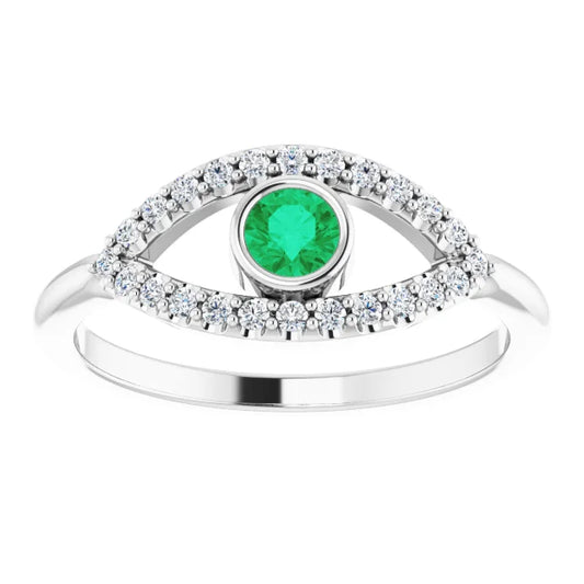 evil Eye Diamond Ring - Emerald Ring on 14K White Gold 