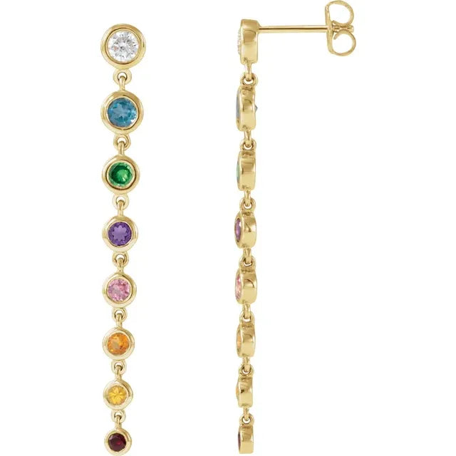 dangle earring Rainbow multi gemstones 14k Yellow gold