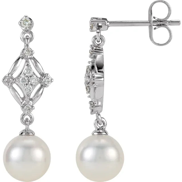 pearl dangle earrings with diamond on 14k gold 