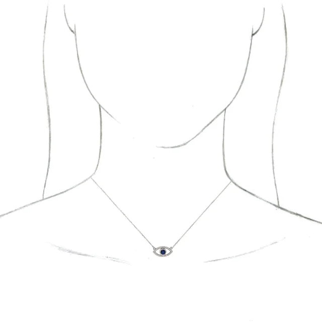 model wearing Evil Eye blue sapphire necklace 14K White gold