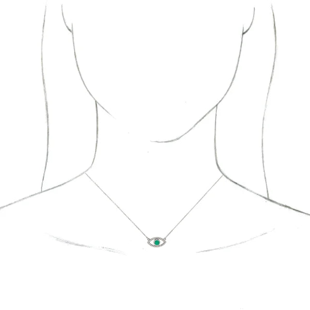 Model wearing Evil Eye Emerald necklace 14K White gold