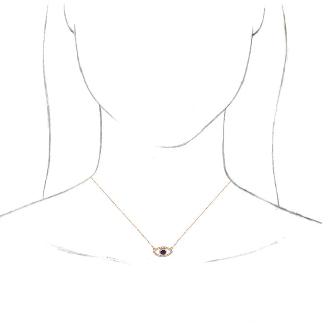 Model wearing Evil Eye blue sapphire necklace 14k Rose gold