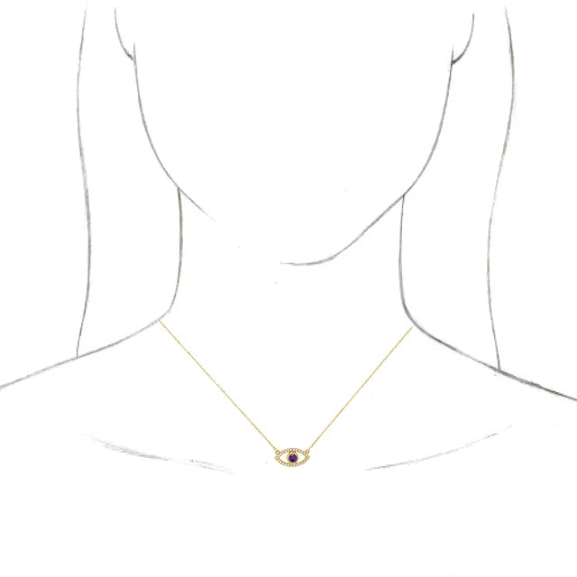 Model wearing Eye blue sapphire necklace 14k Rose gold