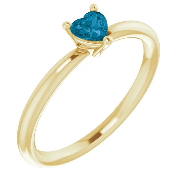 14K Yellow Gold heart shape solitaire ring - London Blue Topaz Ring 4X4 MM