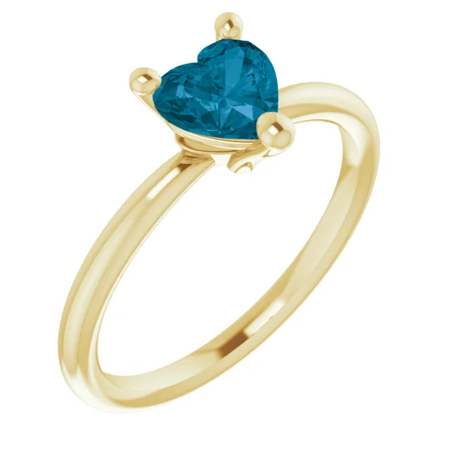 14K Yellow heart shape solitaire ring - London Blue Topaz Ring 6X6 MM