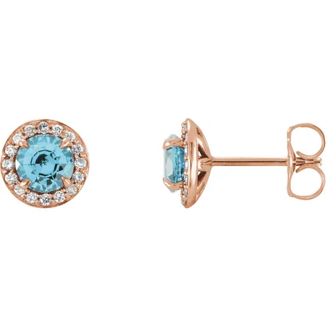 1/8 Carat Natural Diamond 14K Rose Gold Stud Earrings, with Natural natural aquamarine center stone 