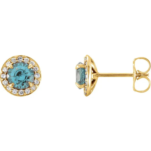 1/8 Carat Natural Diamond 14K Yellow Gold Stud Earrings, with Natural natural aquamarine center stone 