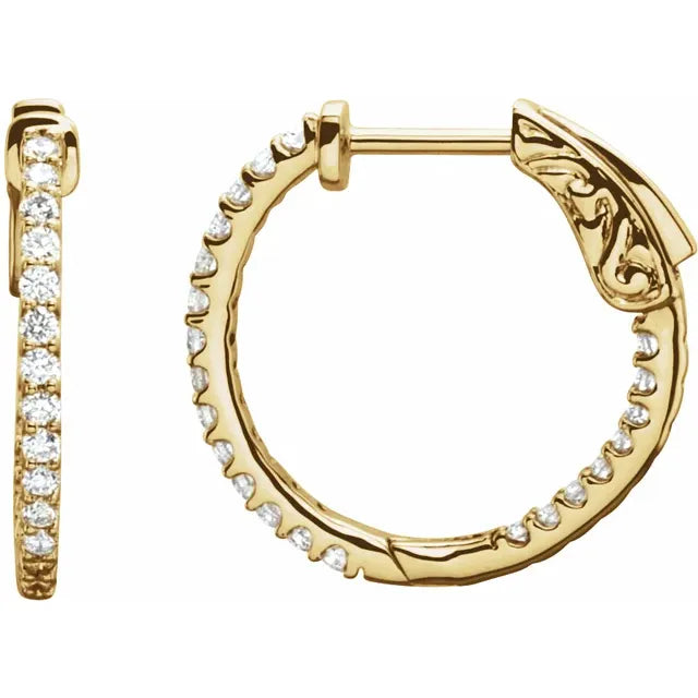 14K Yellow gold Inside-Outside women Diamond Hoop Earrings  1/2 CTW details