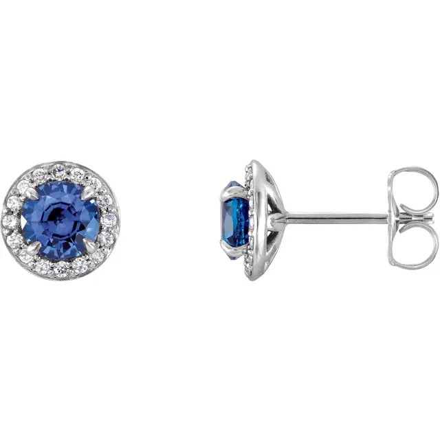 1/8 Carat Natural Diamond 14K Gold white Stud Earrings, natural blue Sapphire  Center Stone 22