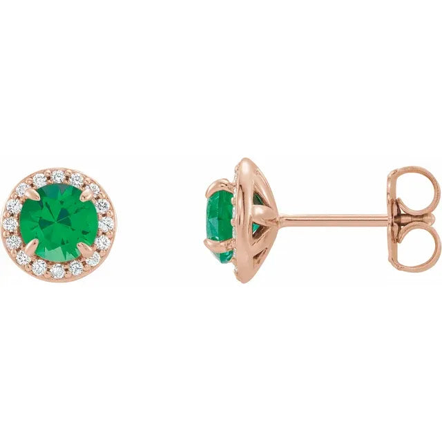 1/8 Carat Natural Diamond 14K Rose Gold Stud Earrings, with natural emerald center stone 