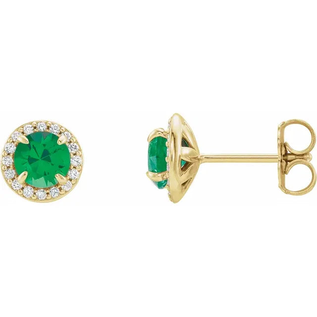 1/8 Carat Natural Diamond 14K Yellow Gold Stud Earrings, with natural emerald center stone 