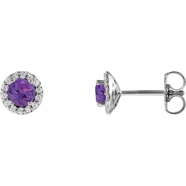 14K Gold Natural Amethyst & Natural Diamond Halo Stud Earrings Details 