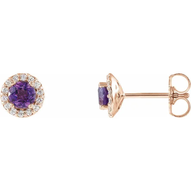 14K Rose Gold Natural Amethyst & Natural Diamond Halo Stud Earrings Details