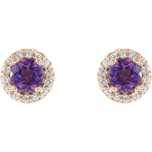 14K Rose Gold Natural Amethyst & Natural Diamond Halo Stud Earrings