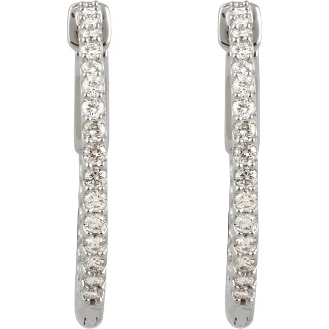 14K White gold Inside-Outside women Diamond Hoop Earrings  1 CTW