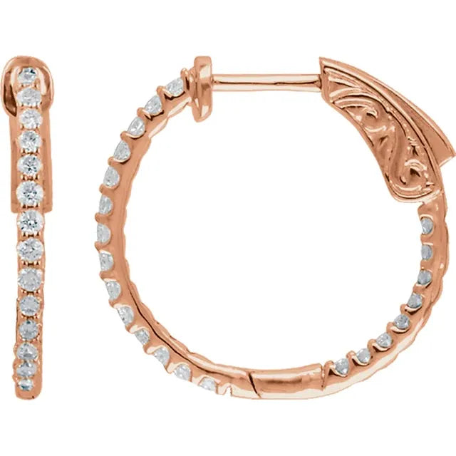 14K Rose gold Inside-Outside women Diamond Hoop Earrings  1/2 CTW