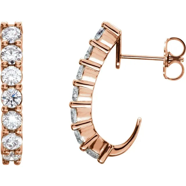 Diamond J-Hoop Earrings 14k Rose Gold 1 1/4 CTW