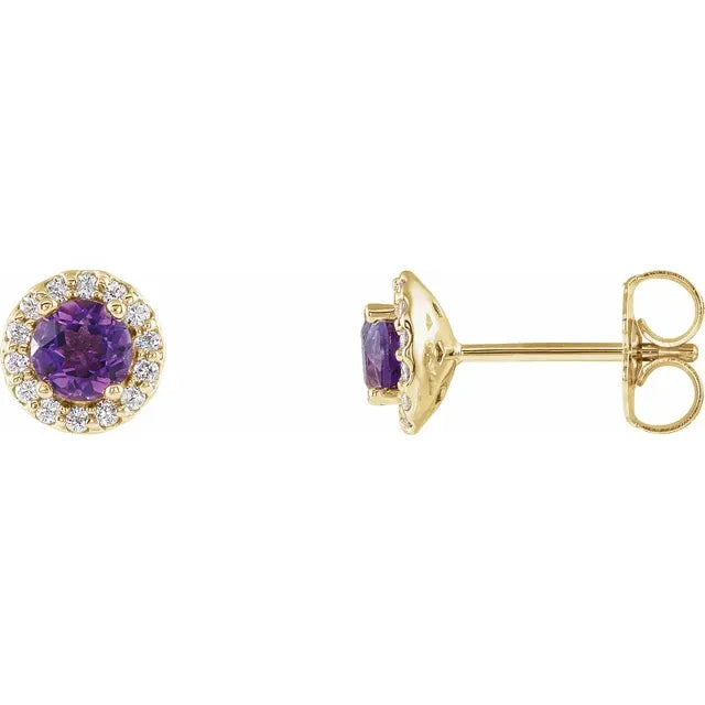 Gold / Platinum Natural Amethyst & Natural Diamond Halo Stud Earrings