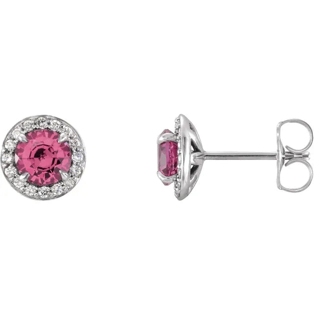 1/8 Carat Natural Diamond 14K White Gold 2 Stud Earrings, with pink tourmaline center stone