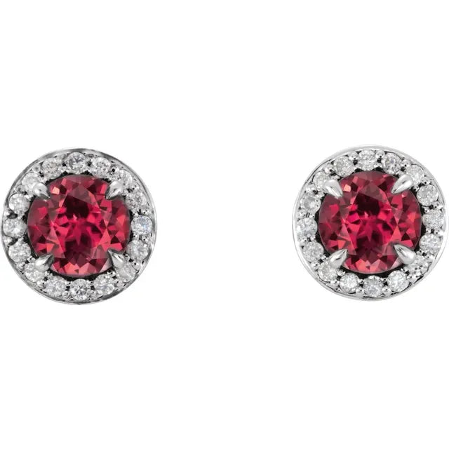 1/8 Carat Natural Diamond 14K White Gold Stud Earrings, with natural Ruby center stone 