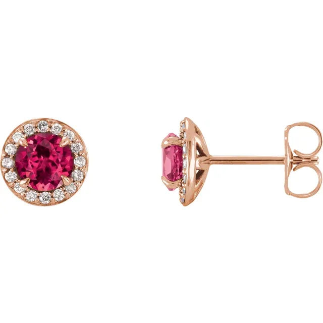 1/8 Carat Natural Diamond 14K Rose Gold Stud Earrings, with natural Ruby center stone 