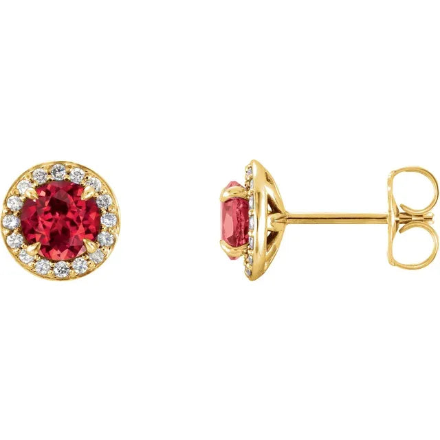 1/8 Carat Natural Diamond 14K Yellow Gold Stud Earrings, with natural Ruby center stone 